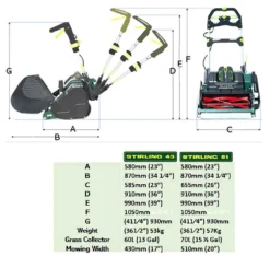 Allett Stirling 51 20" Battery Cylinder Mower With 5AH Battery & Rapid Charger - Alton Garden Centre -Stihl || COBRA || Wolf Sales StirlingDimsChart2 59aab752 0fa2 4d49 be58 91174b5a385c 1024x1024@2x